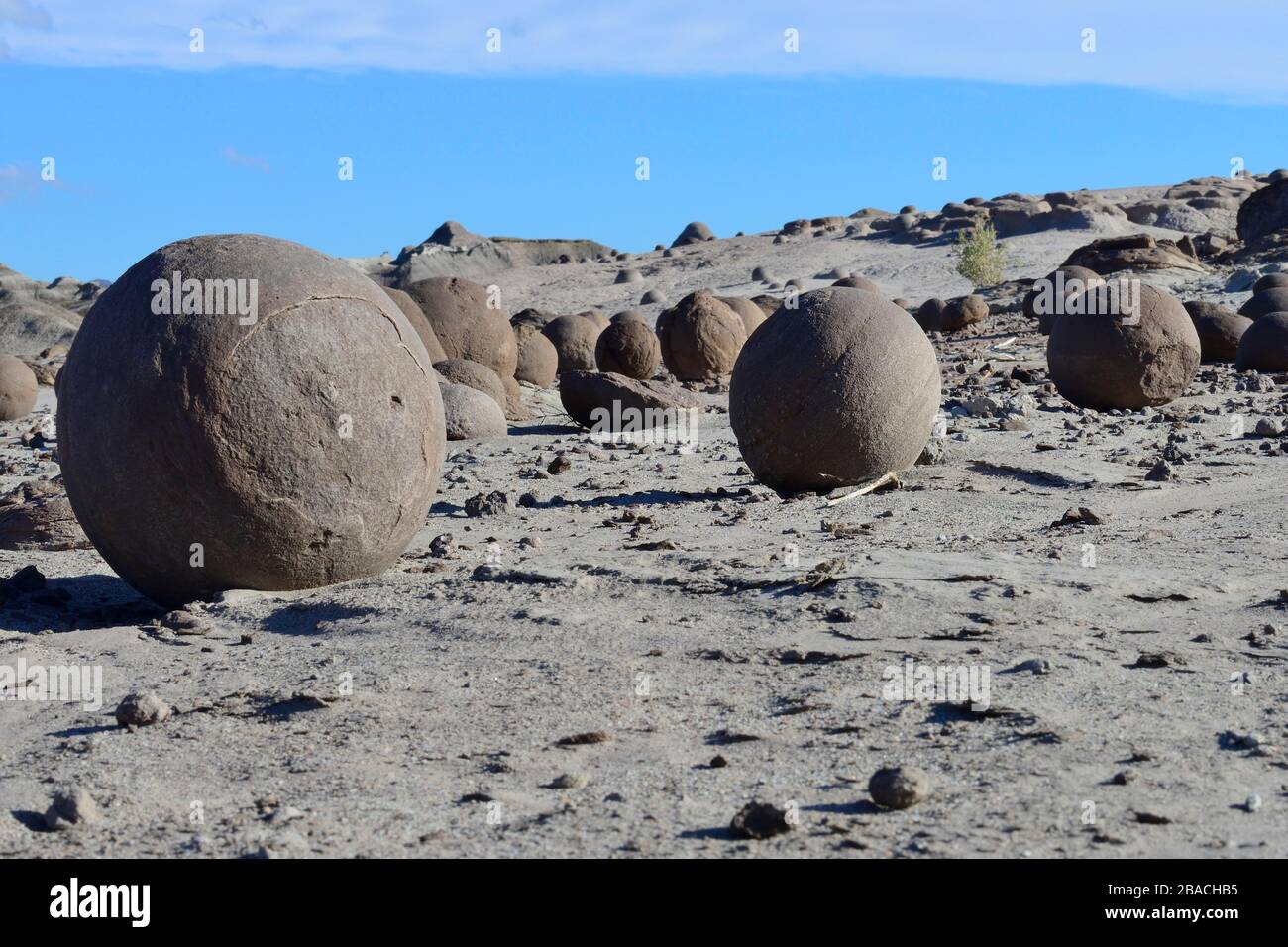 Round rocks on the Cancha de Bochas, Boccia course, Ischigualasto Nature Reserve, San Juan Province, Argentina Stock Photo
