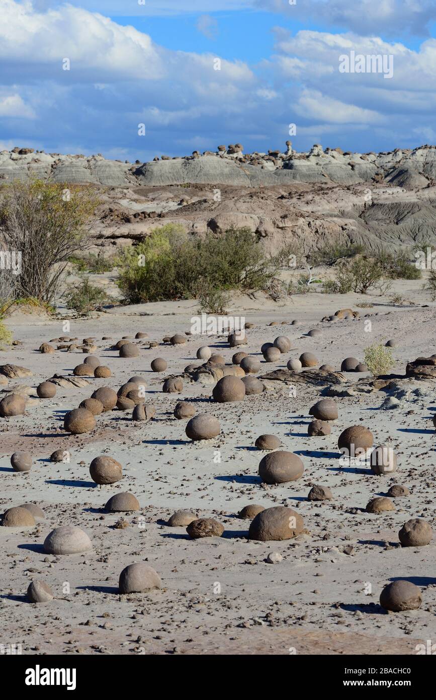 Round rocks on the Cancha de Bochas, Boccia course, Ischigualasto Nature Reserve, San Juan Province, Argentina Stock Photo