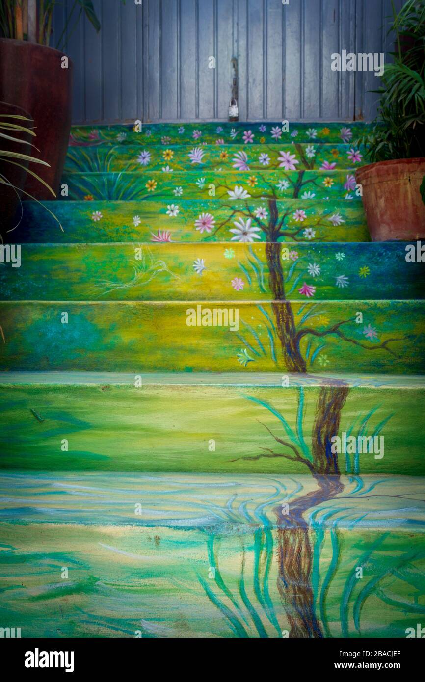 An artfully painted stairway in the entry to a residence in Sayulita, Nayarit, Mexico. Stock Photo