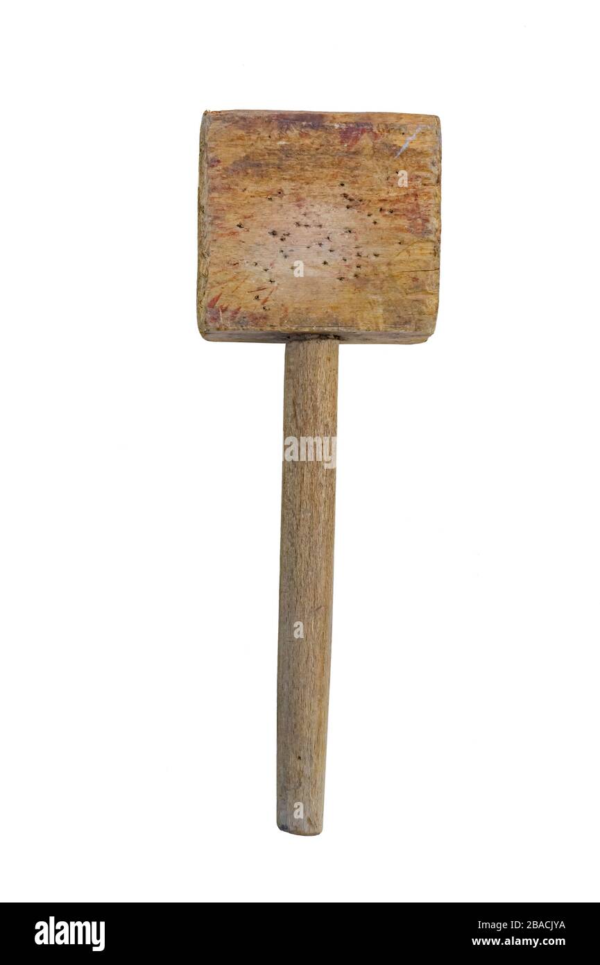 Old wooden mallet (hammer). on a white background. isolated Stock Photo