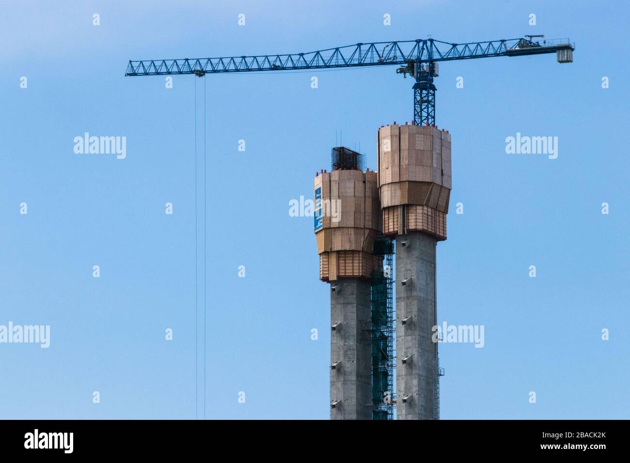 Montreal, Quebec, Canada - Construction of the Towers of Samuel de Champlain Bridge and view of the crane Stock Photo