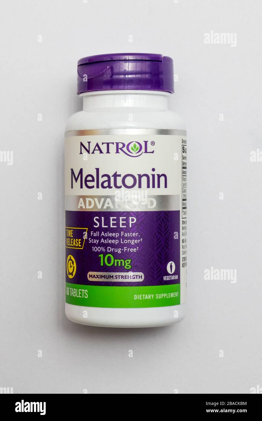 Bottle of Natrol melatonin tablets for sleeping disorders Stock Photo