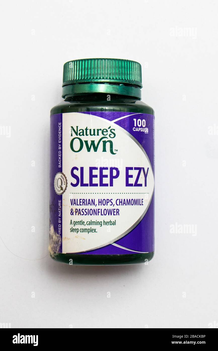 Bottle of Natures Own Sleep Ezy tablets for sleeping disorders Stock Photo