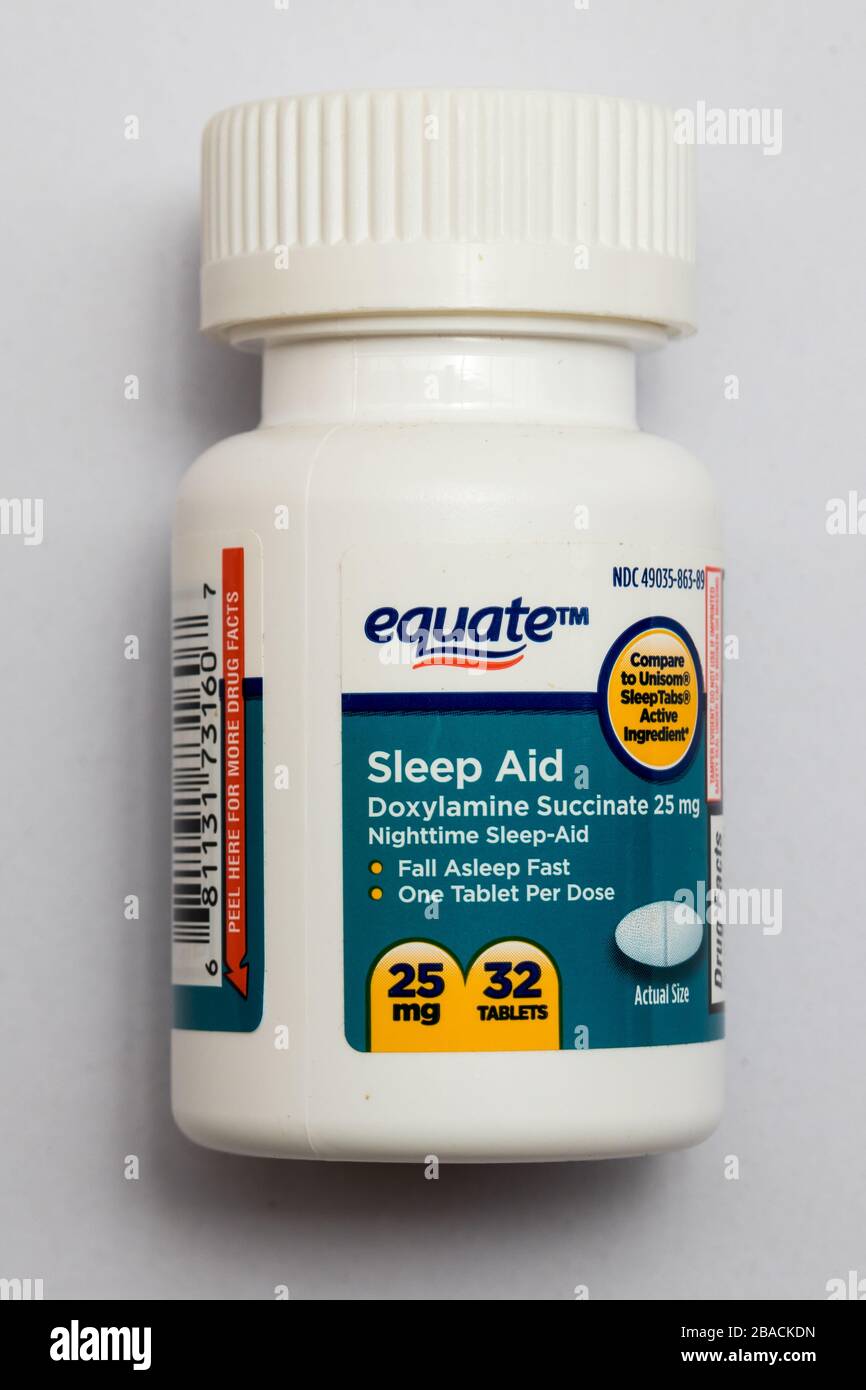 Bottle of Equate sleep aid tablets for sleeping disorders Stock Photo