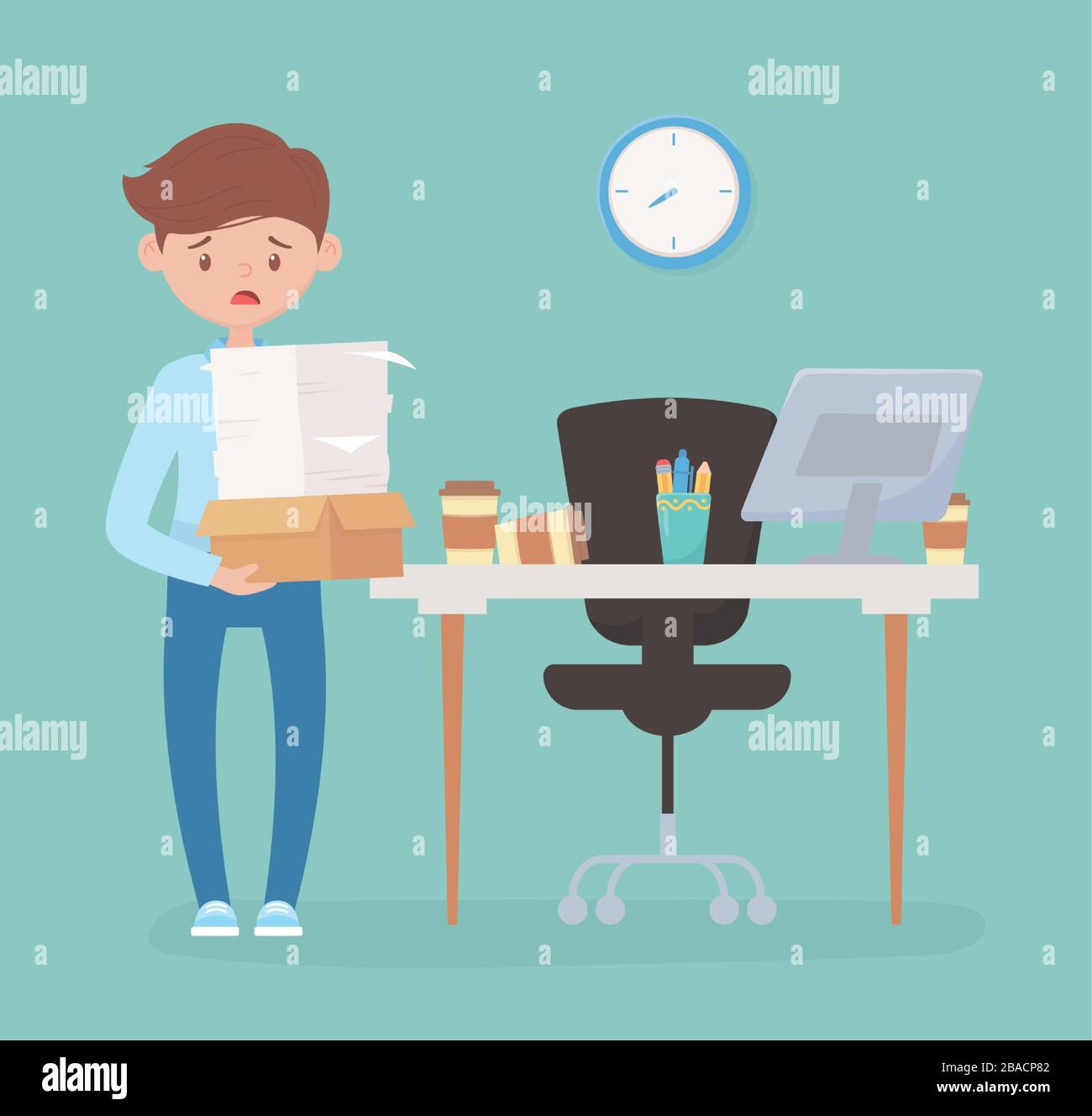 Stressed Employee With Many Papers And Box In Office Work Frustration Stress Vector Illustration 