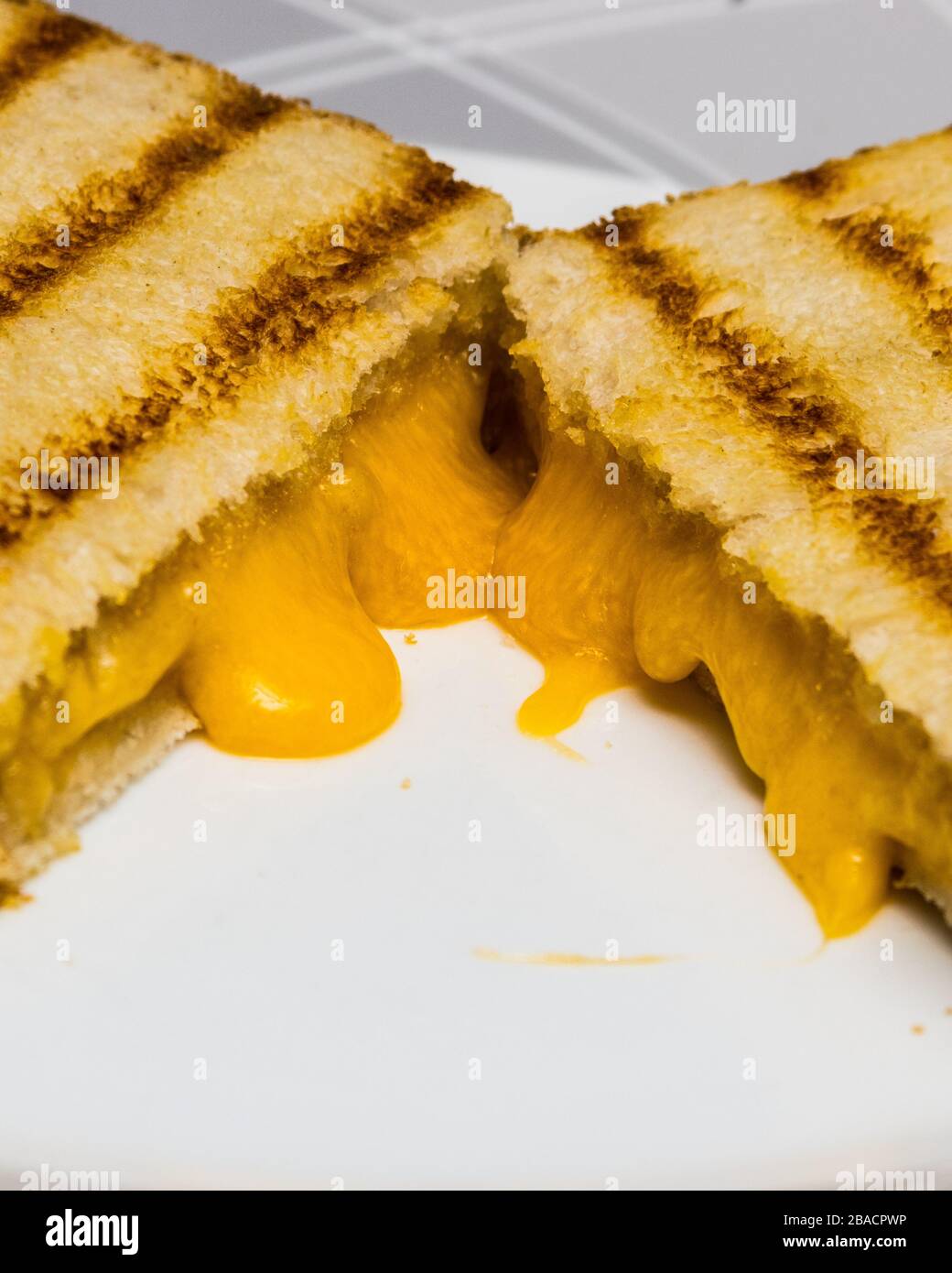A grilled cheese sandwich on sourdough bread made in a counter top