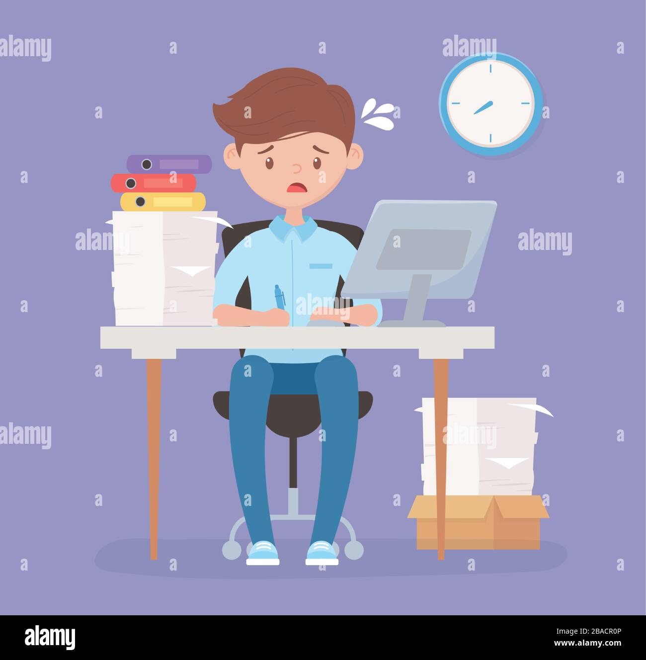 worried employee in desk office with computer pile of papers and clock ...