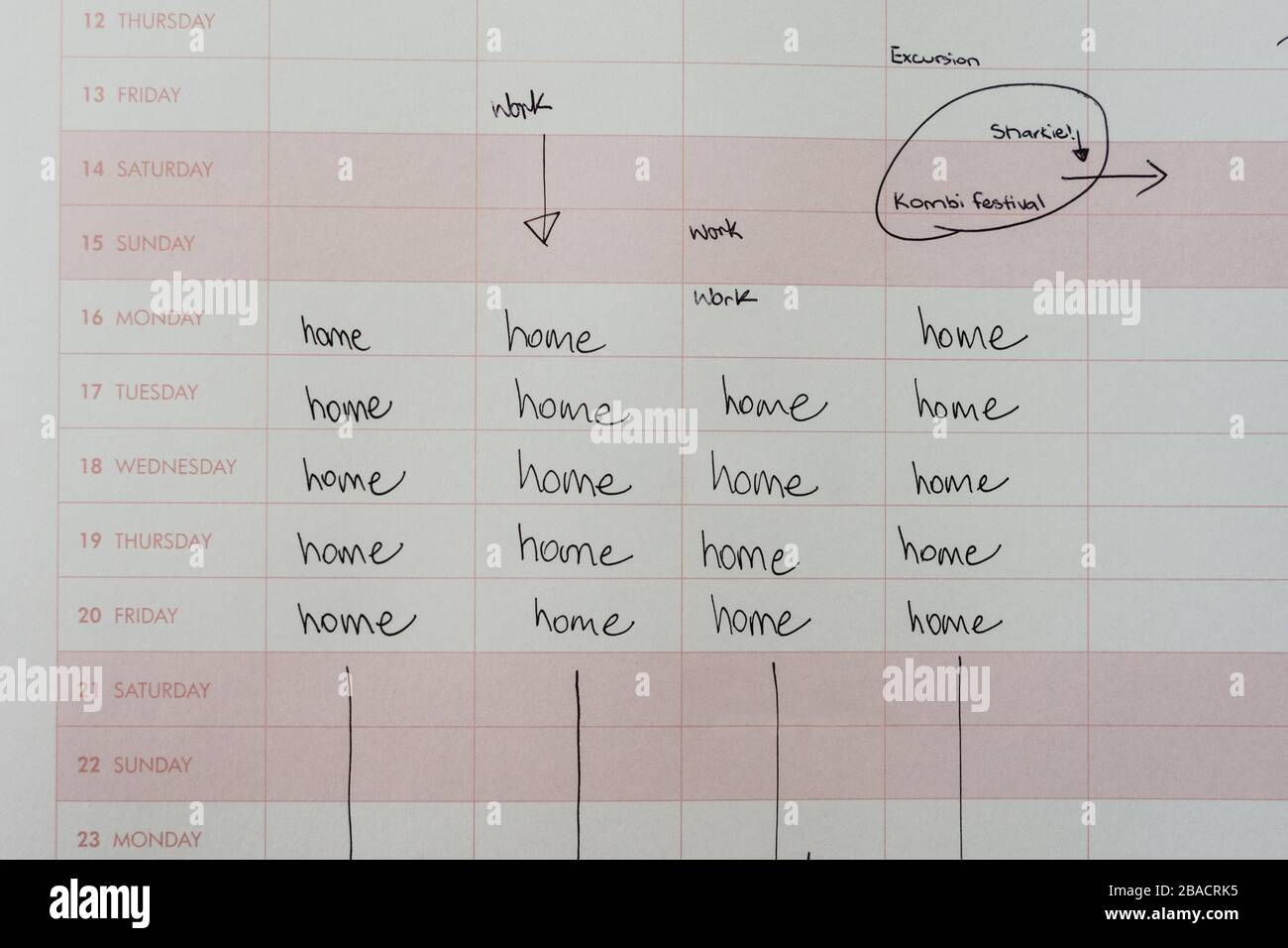 calendar showing family all staying home Stock Photo