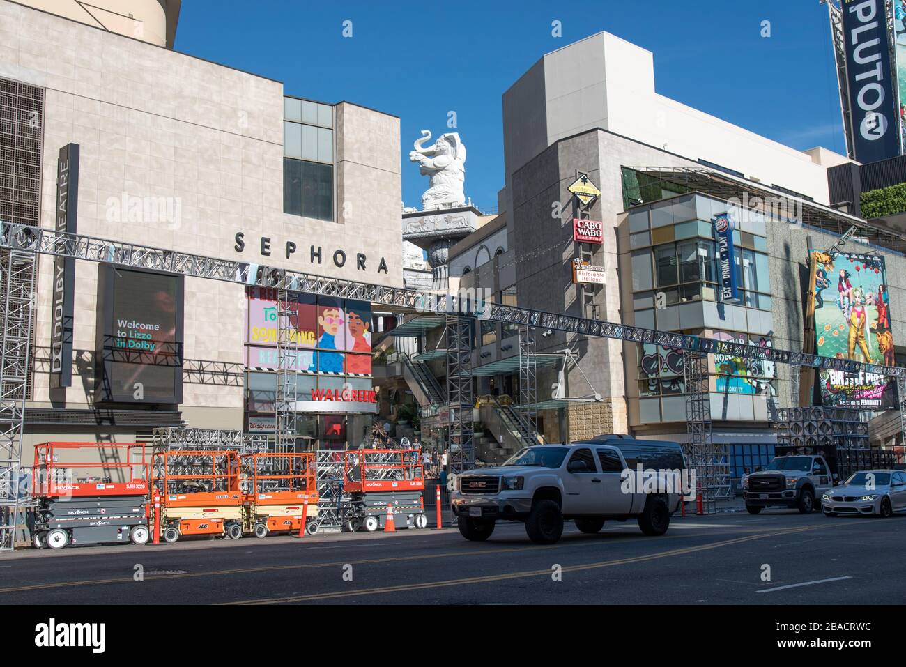 HOLLYWOOD, CA/USA - JANUARY 27, 2020: Crews begin setting up grandstands, lights and sound equipment for Oscars in front of the Dolby Theatre and Holl Stock Photo