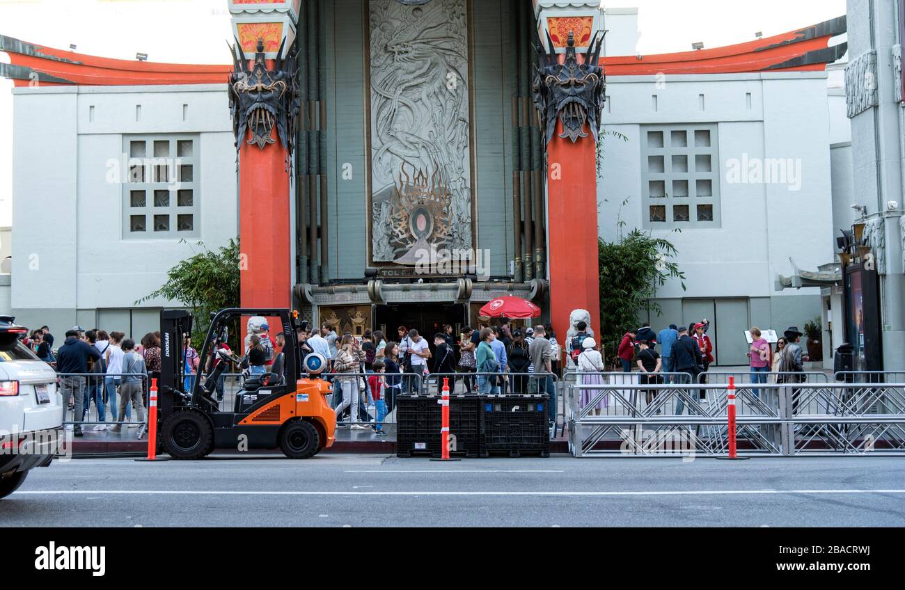 HOLLYWOOD, CA/USA - JANUARY 27, 2020:  Barricades are being placed in front of Grauman’s Chinese Theatre in preparation for the Oscars that will be he Stock Photo