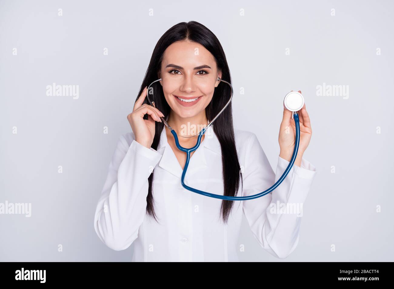 Photo of beautiful cheerful professional doc lady good mood friendly