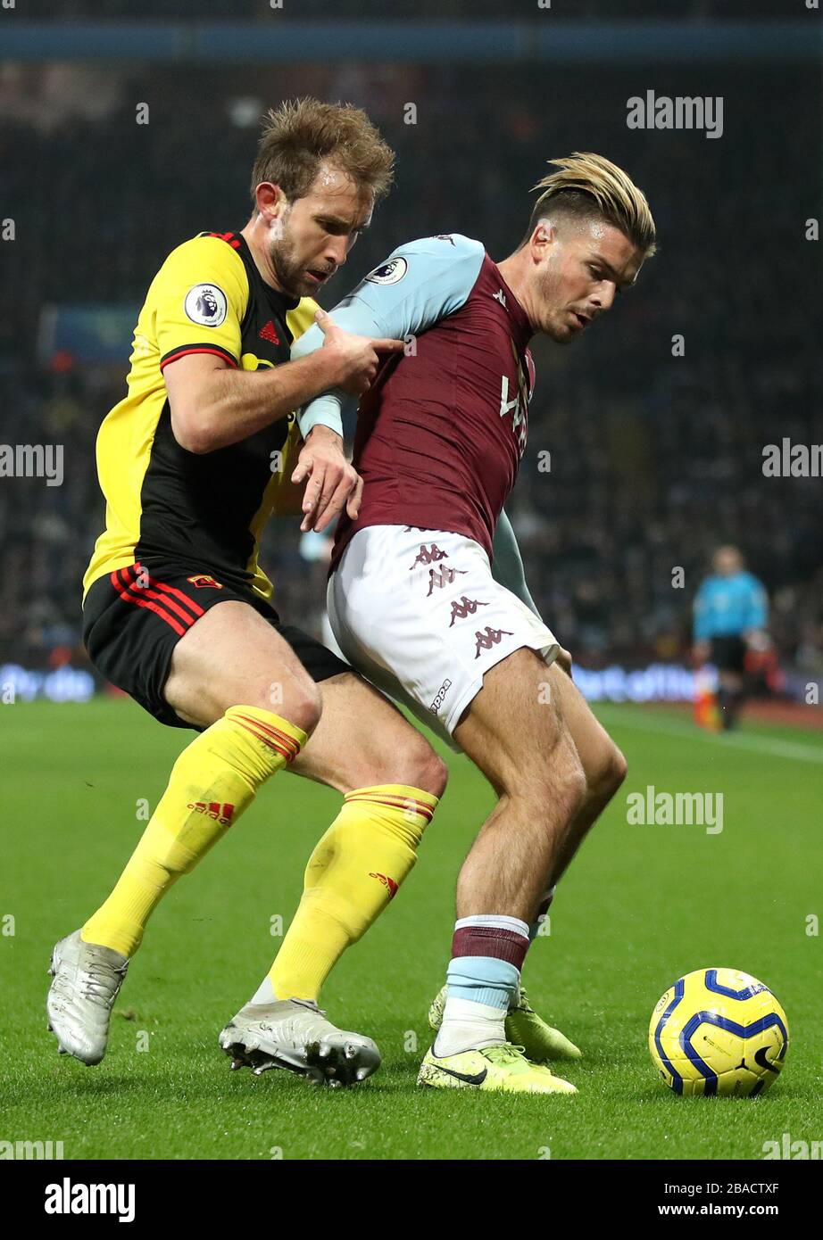 Watford S Craig Dawson Left And Aston Villa S Jack Grealish Battle For The Ball Stock Photo Alamy