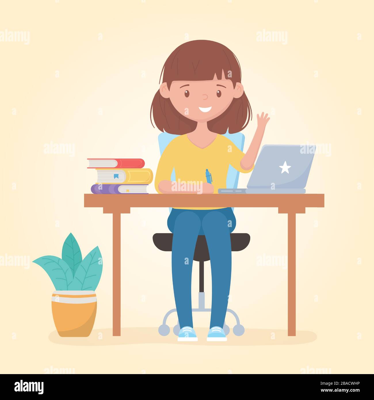 education online student girl studying in desk with laptop books pencil vector illustration Stock Vector