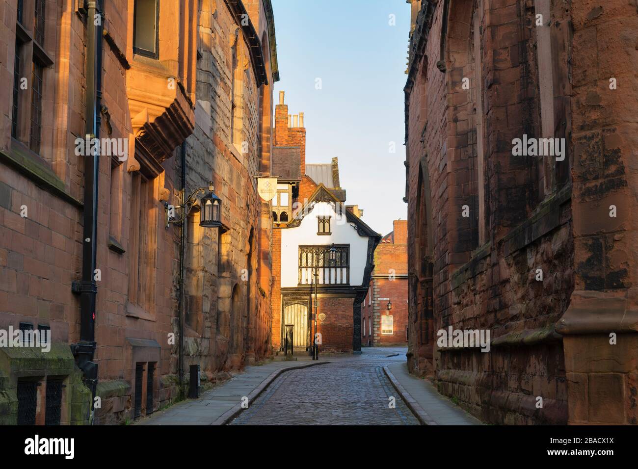 Bayley Lane and Old Coventry Cathedral at sunrise in the spring. Coventry, West Midlands, England Stock Photo