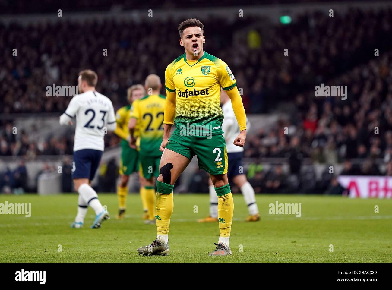 Norwich City's Max Aarons celebrates after he is awarded a penalty after being judged to have been fouled in the Tottenham Hotspur penalty area Stock Photo