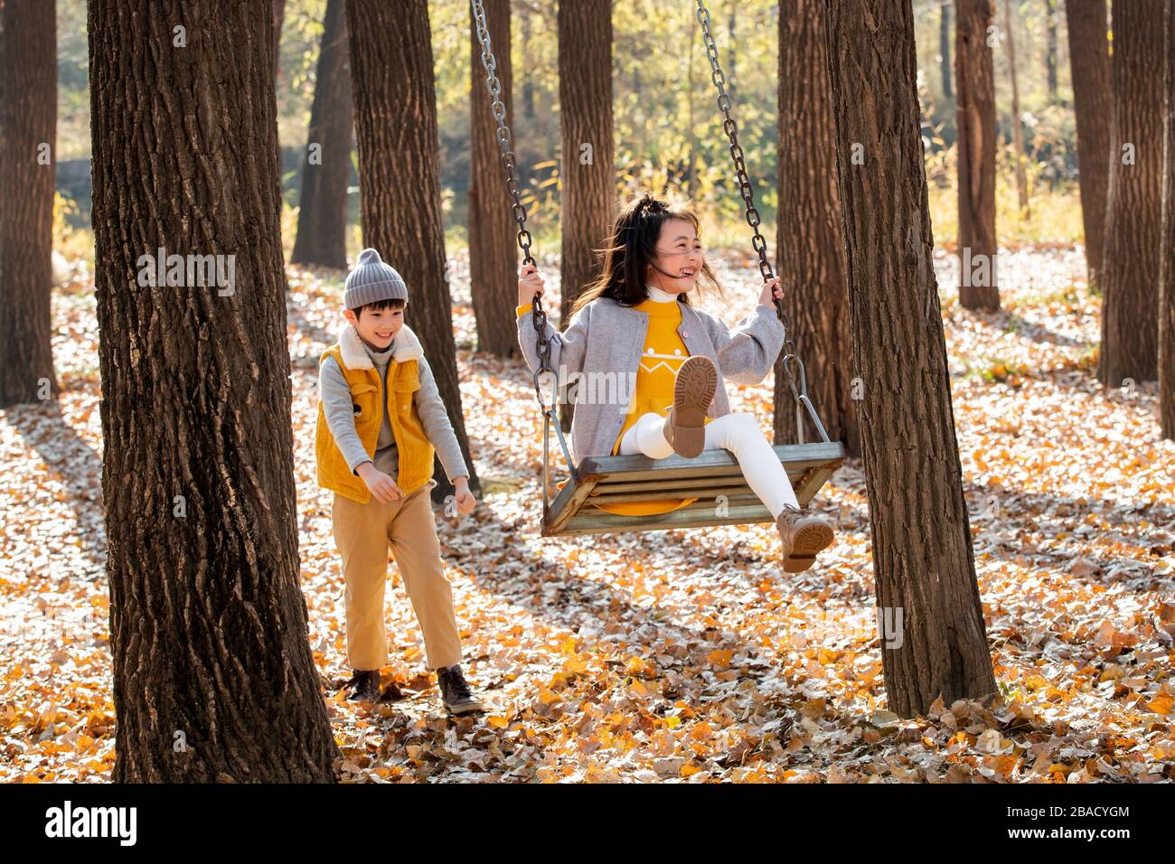 Outdoor happy little boy pushed the cute girl riding on the swing Stock Photo