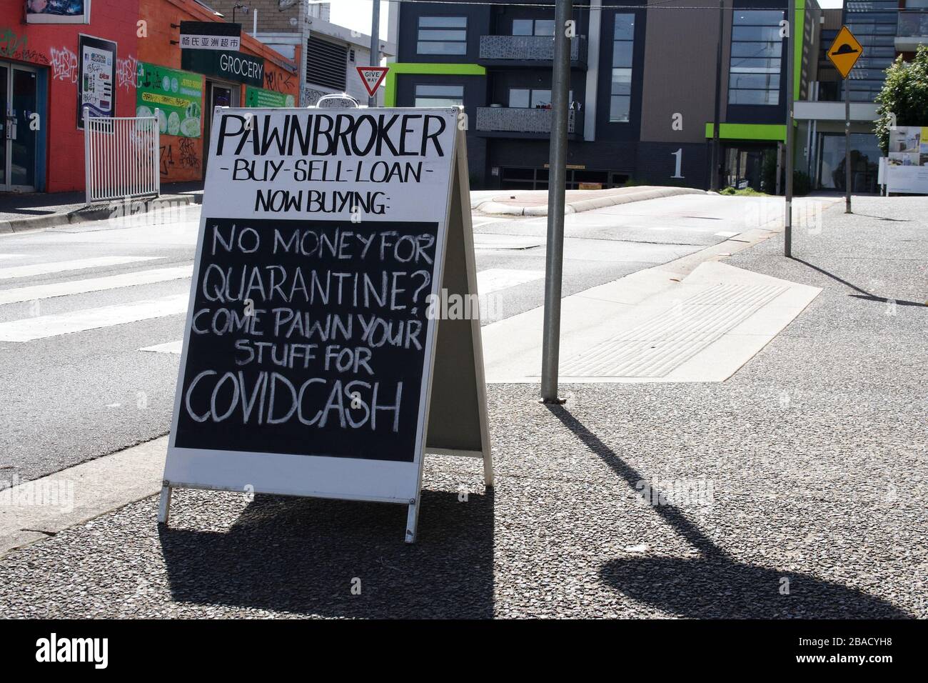 Pawnbroker sign during Corona Virus Pandemic, Mar 27, 2020. Boronia, Victoria, Australia. Stock Photo