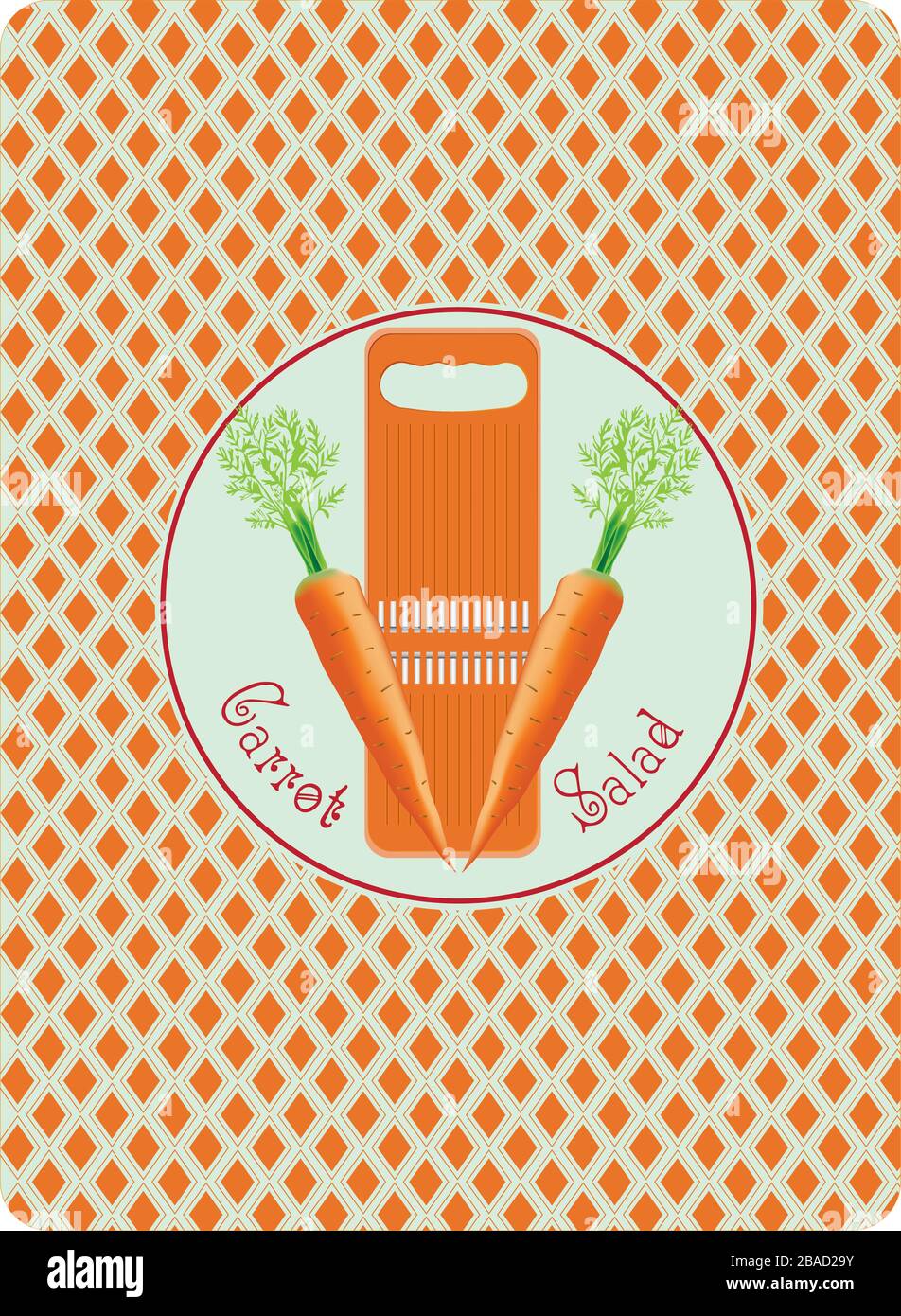 The carrot salad poster is in the shape of the back of a playing card. Illustrated carrots and grater for chopping carrots. Stock Vector