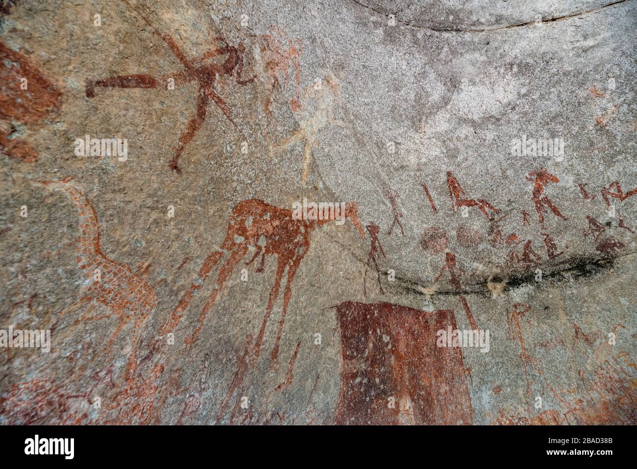 San rock art seen in Silozwane cave, Matobo National Park, Zimbabwe. Stock Photo