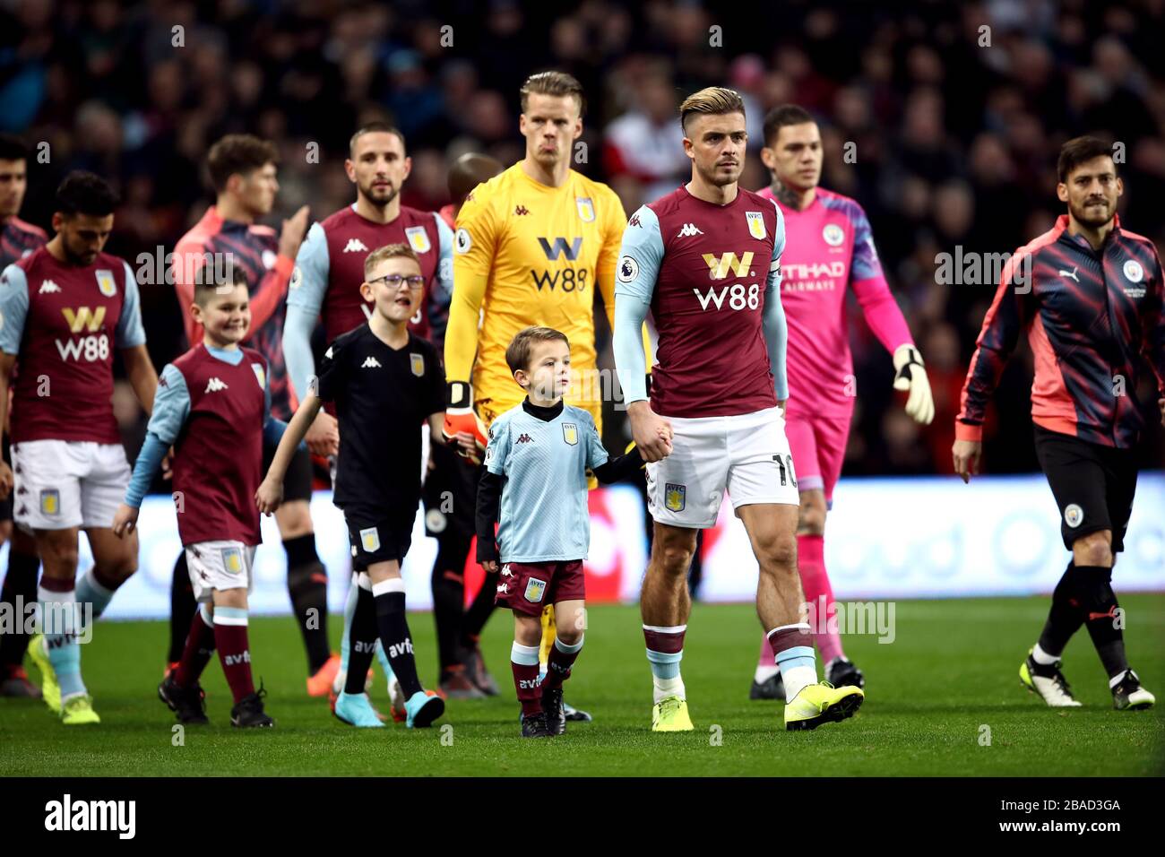 Aston Villa's captain Jack Grealish leads out his team before the match Stock Photo