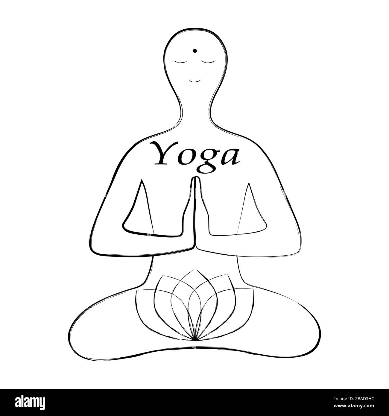 A black linear silhouette of a man sitting in the Lotus position. White ...