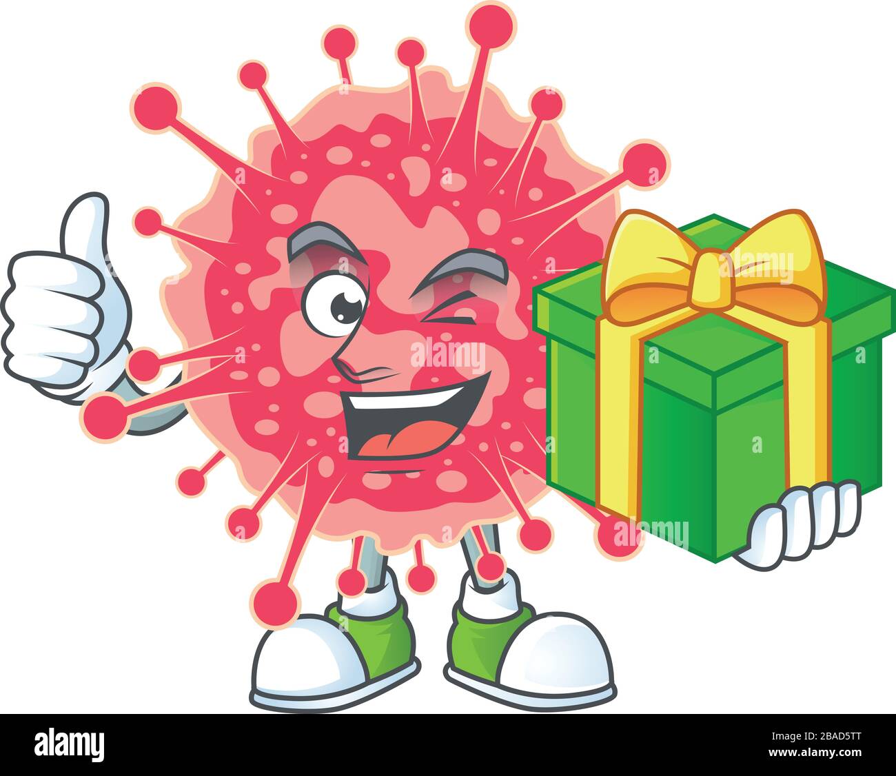 Cheerful coronavirus emergency cartoon character holding a gift box Stock Vector