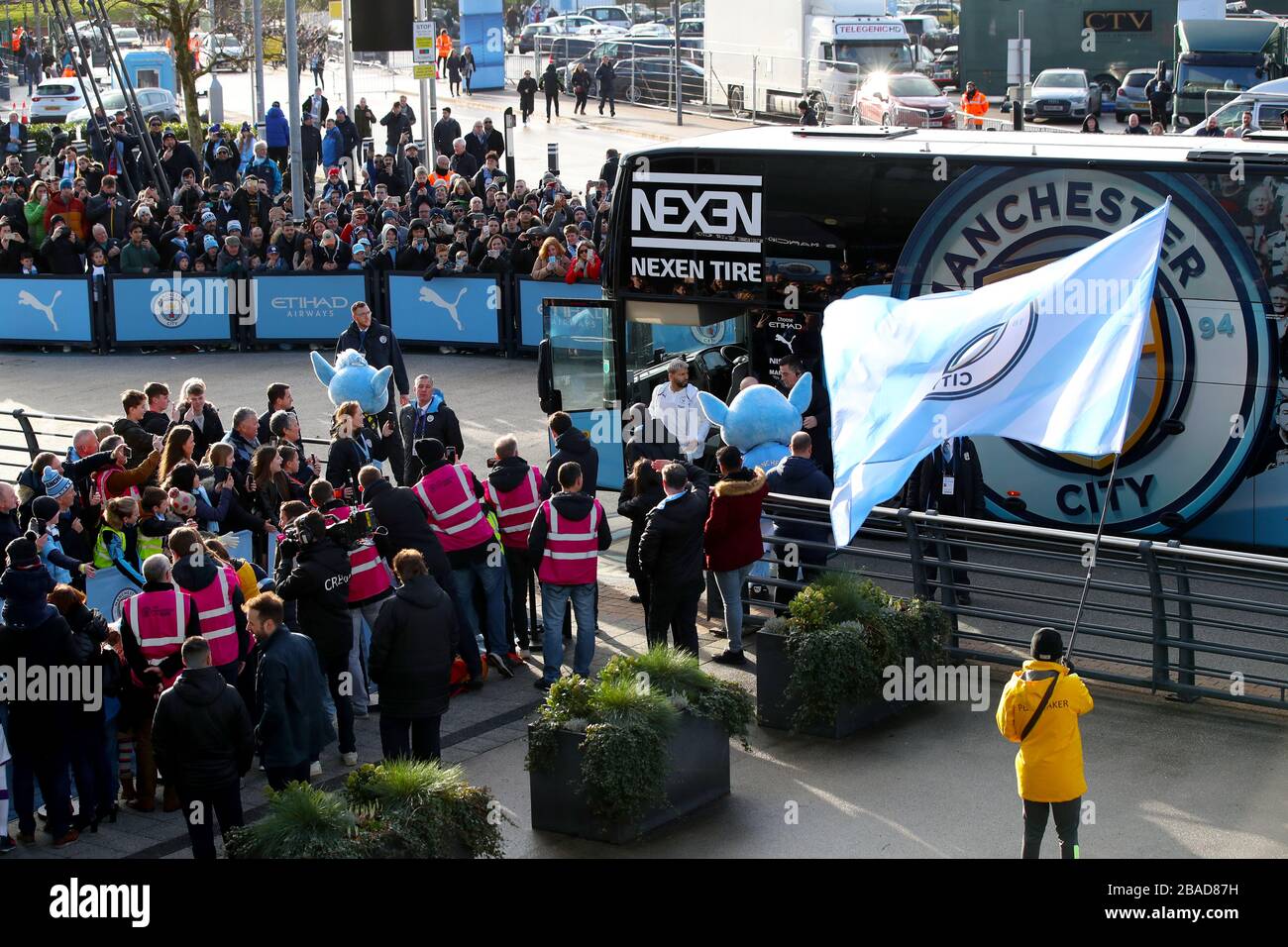 Manchester City's Sergio Aguero steps off the team bus ahead of the match Stock Photo