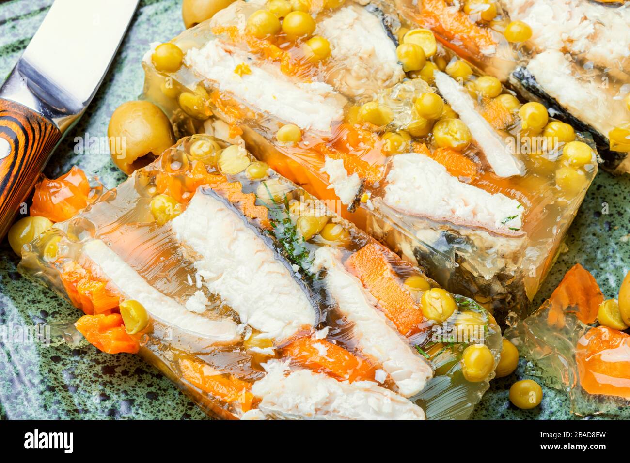 Jellied, cold dish of fish, filled with gelatinous broth.Russian national cuisine Stock Photo