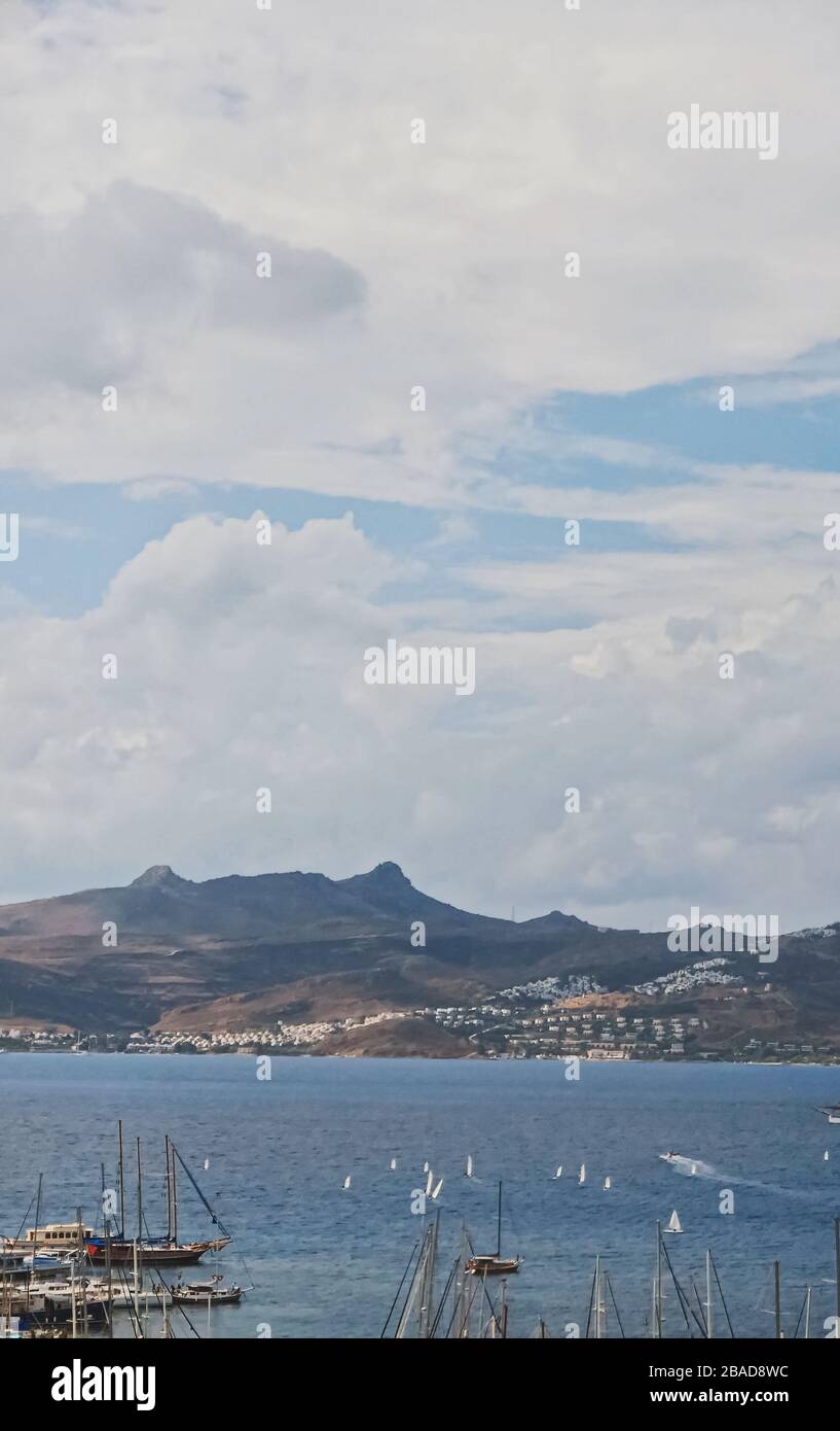 Mediterranean coast and cloudy sky, beautiful panoramic sea view and ...