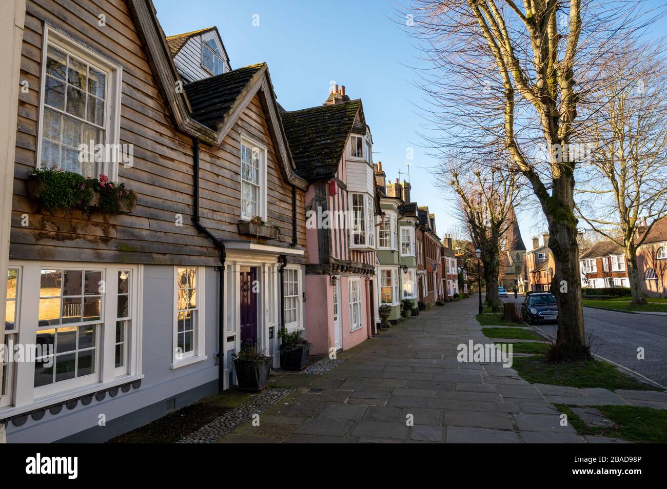 Row of old houses on Causeway, a street in the historic part of Horsham, a market town in West Sussex, England. Stock Photo