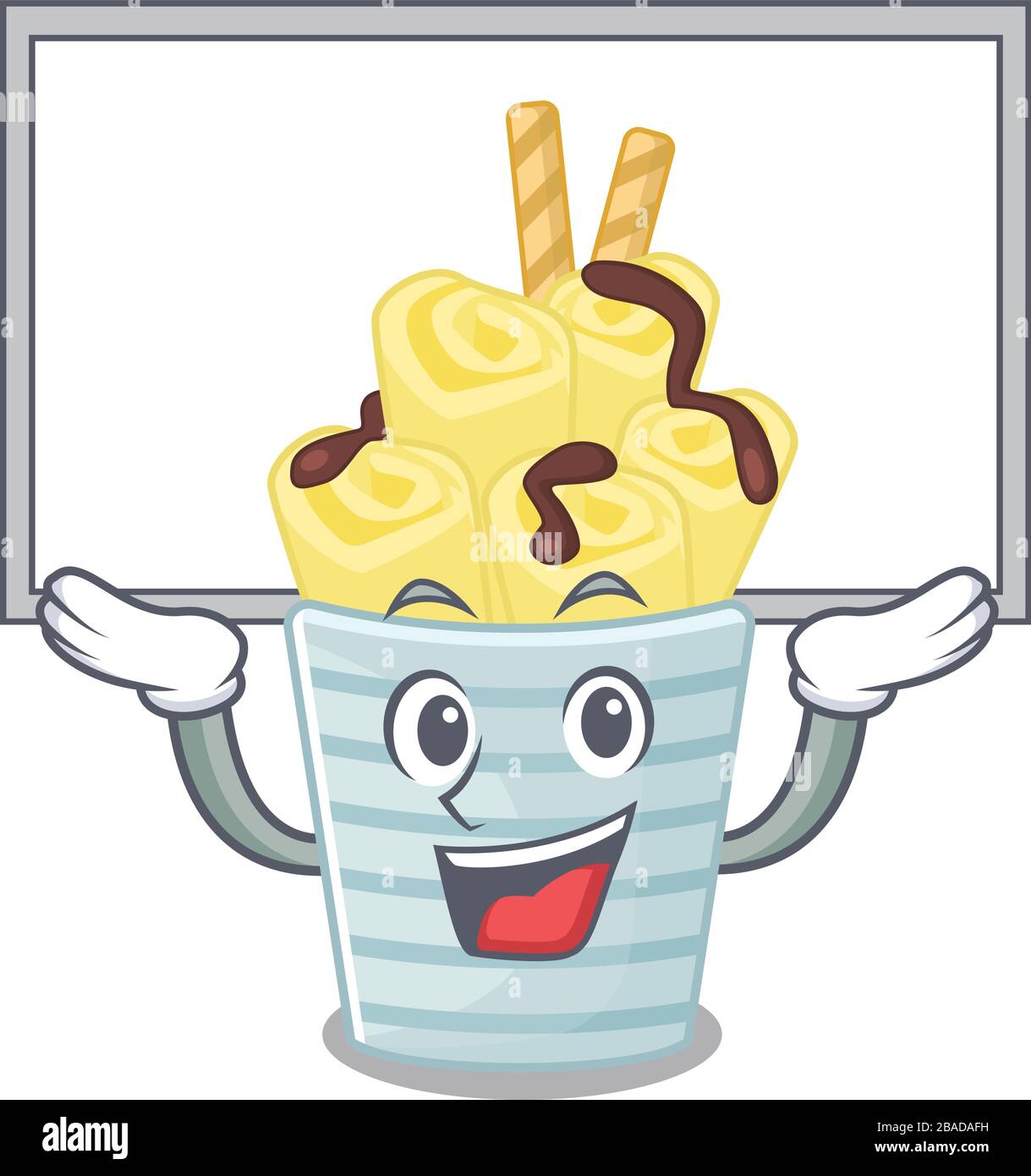 Happy cartoon character of ice cream banana rolls raised up board Stock