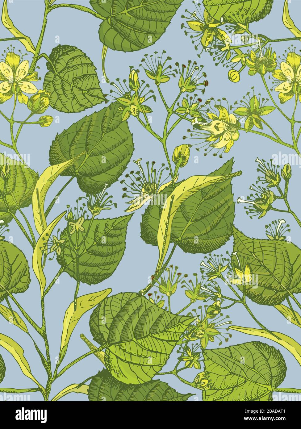 Linden blossom hand drawn seamless pattern with flower, lives and branch in yellow and green colors on blue background. Retro vintage graphic design Stock Vector