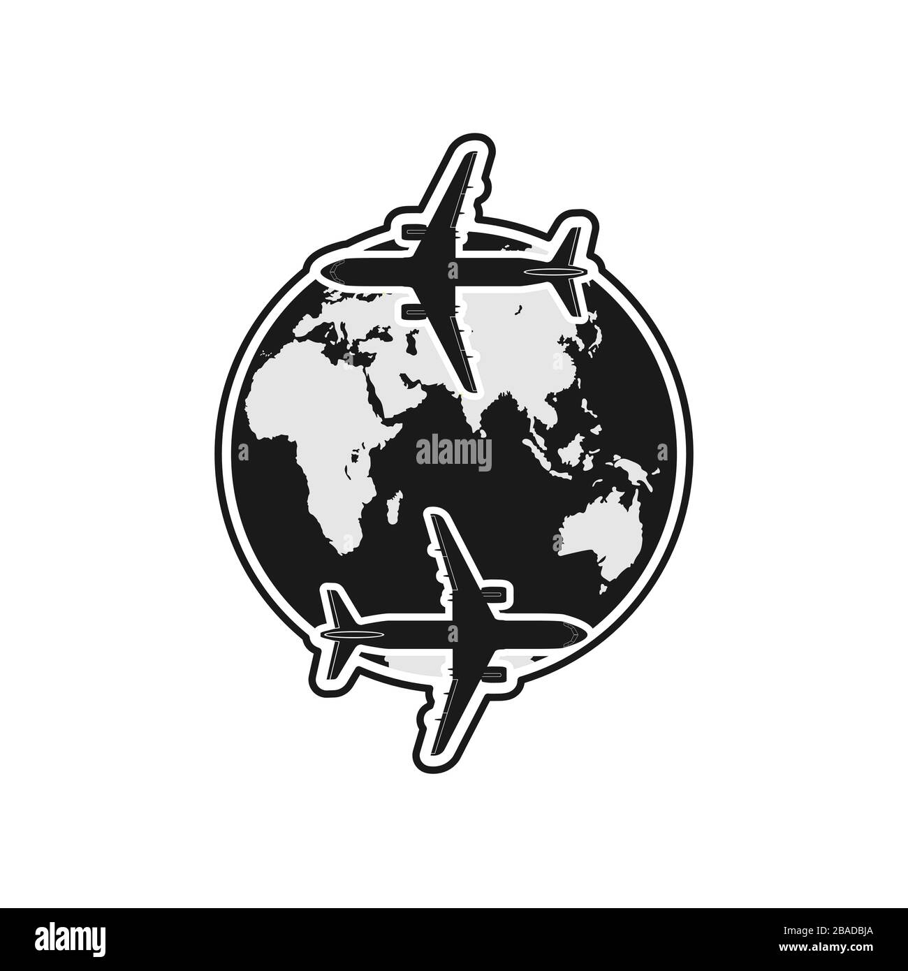 Silhouettes of two planes fly around the globe. Simple flat design for a logo, a sticker for your site or application Stock Vector