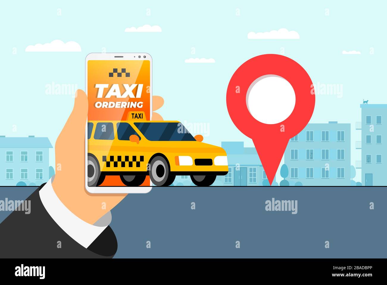 Taxi ordering service app concept. Hand holding smartphone with geotag gps location pin arrival address on city street and yellow cab. Online get taxicab application flat vector eps illustration Stock Vector