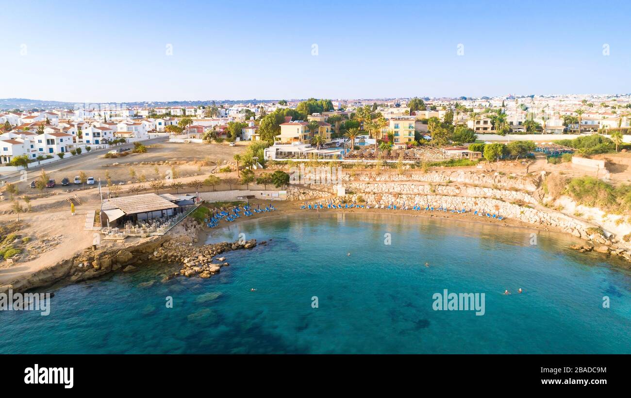 Aerial bird's eye view of Kapparis (fireman's) beach in Protaras