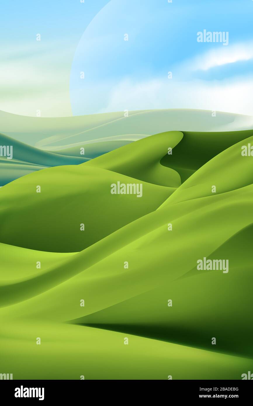 An imaginary illustration of the alien planet that full with many greenary dunes in vectoring art. Stock Vector