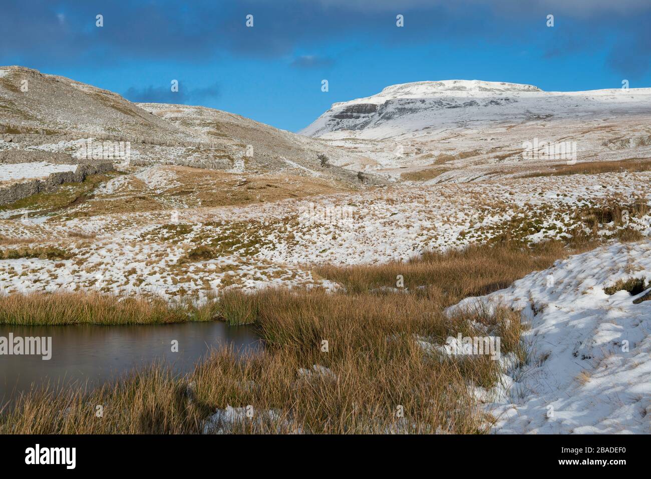 Winter view of a snow covered Ingleborough, one of the Yorkshire Three Peaks, seen from Crina Bottom Stock Photo