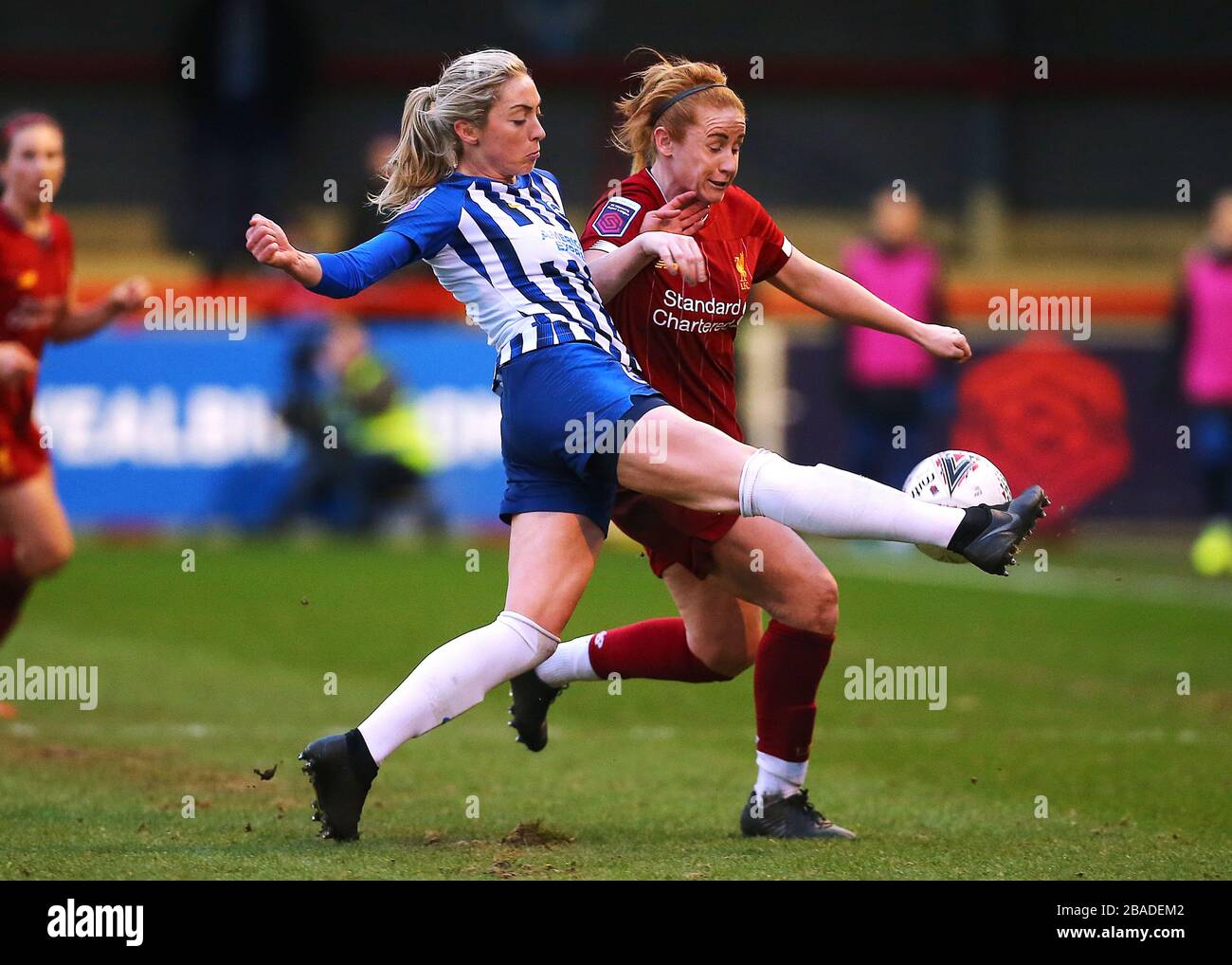 Liverpool's Rachel Furness (right) is tackled by Brighton and Hove Albion's Megan Connolly Stock Photo