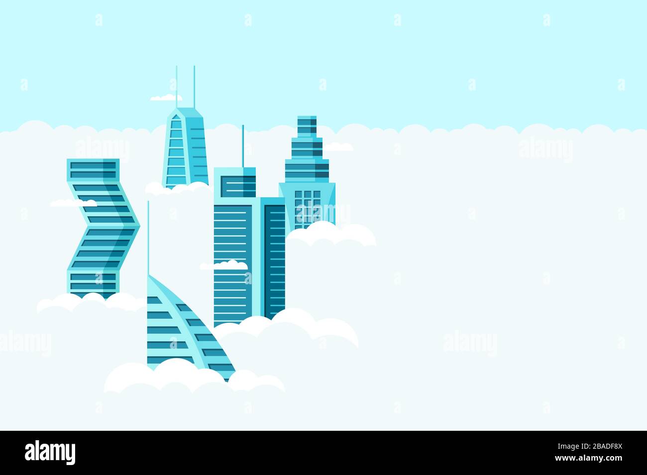Detailed future city with different architecture high buildings skyscrapers apartments above clouds. Futuristic cityscape town. Vector real estate construction over sky flat illustration Stock Vector