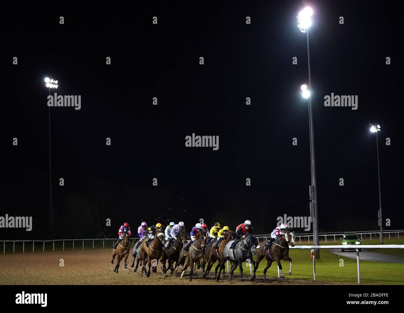 Riders during the Betway Heed Your Hunch Handicap (Class 6) at Wolverhampton Racecourse. Stock Photo