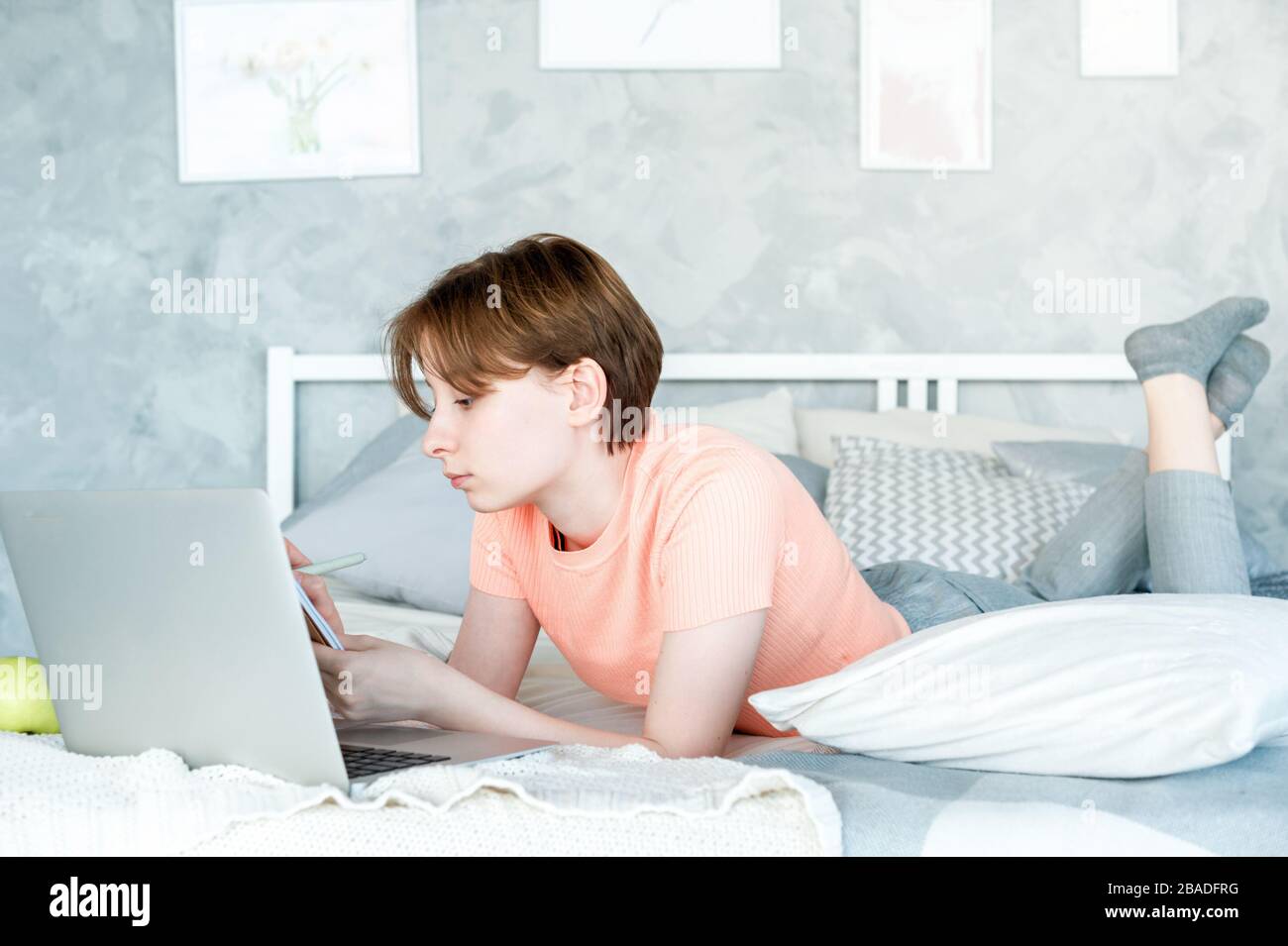 Girl lying on bed with laptop studying at home Stock Photo Alamy