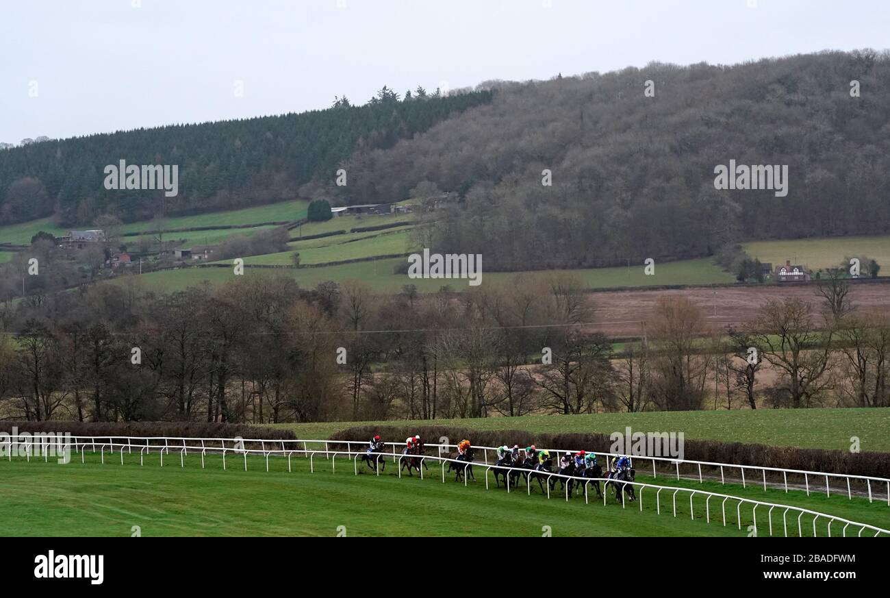 Runners during the Jenkinsons Caterers Maiden Hurdle at Ludlow Racecourse Stock Photo