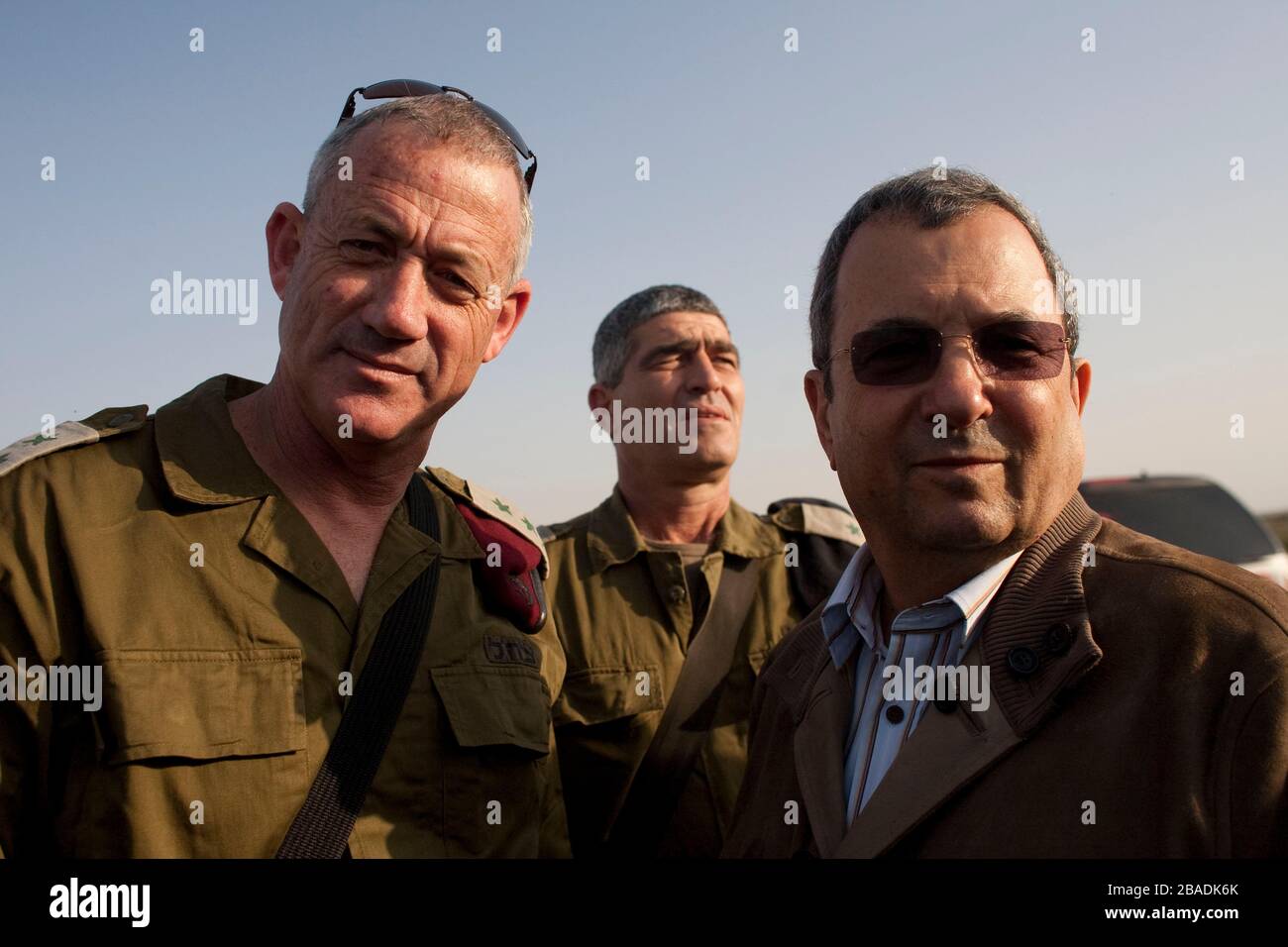 Benny Gantz Israel's IDF Chief of staff (L) General Tal Russo(C) and Ehud Barak Defence Minister by the Gaza Israel Border April 2011 Stock Photo