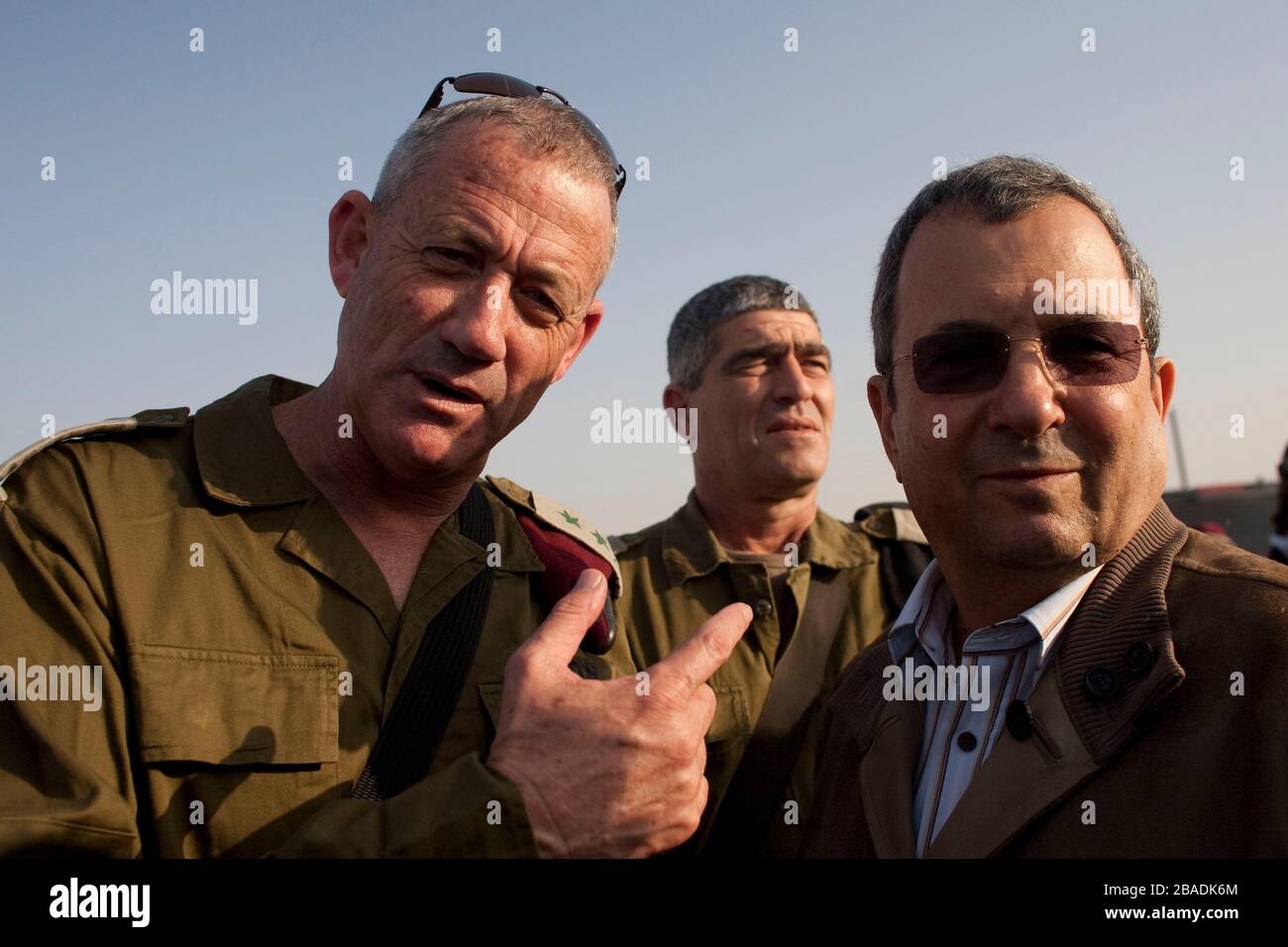 Benny Gantz Israel's IDF Chief of staff (L) General Tal Russo (C) and Ehud Barak Defence Minister by the Gaza Israel Border April 2011 Stock Photo