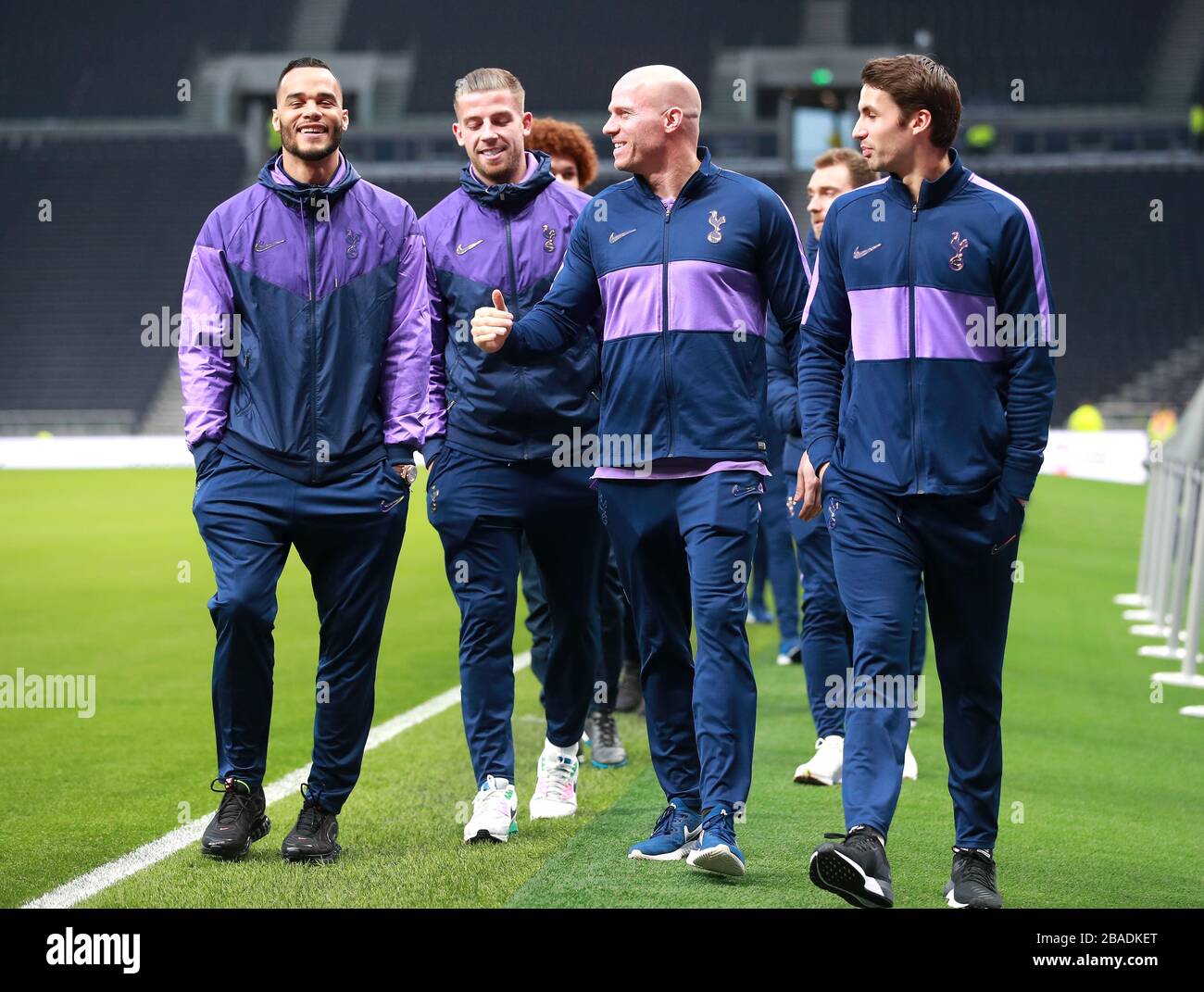 Tottenham Hotspur goalkeeper Michel Vorm (left), Toby Alderweireld, and head of first team performance coach Carlos Lalin (centre) before the game Stock Photo
