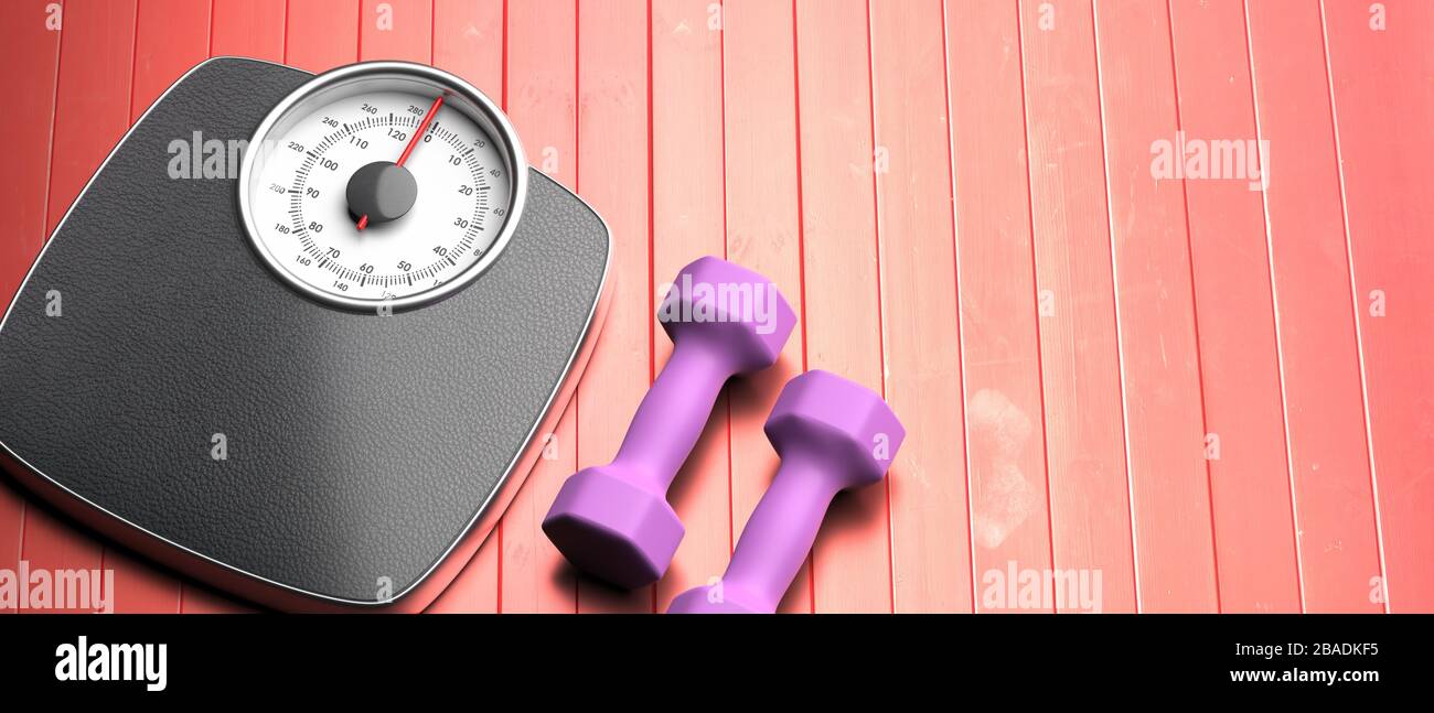 Weight loss, fitness concept. Bathroom scale and pair of dumbbells against red wood floor background. Weight control, healthy lifestyle equipment, 3d Stock Photo