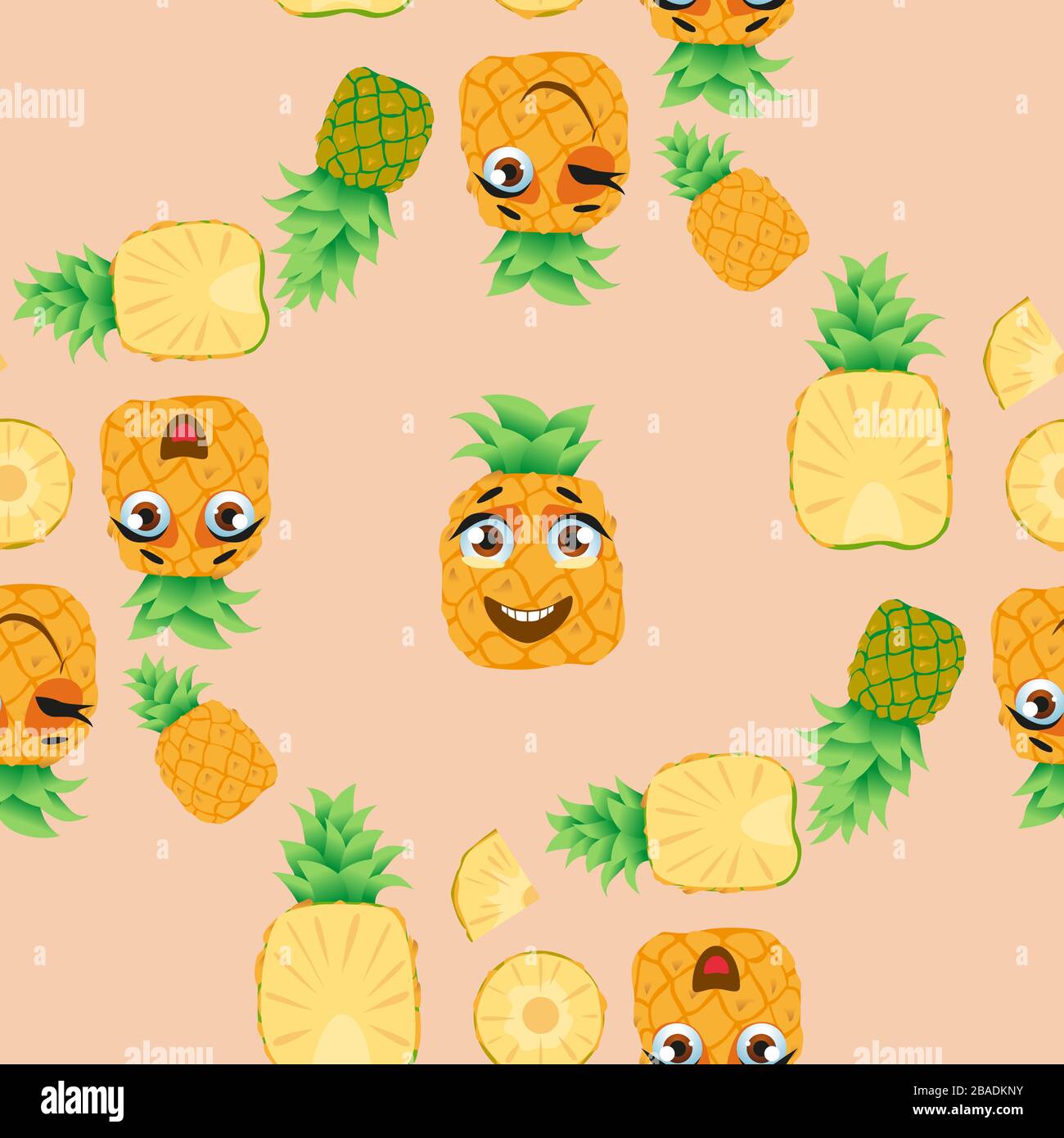 Cute seamless pattern with cartoon emoji fruits Stock Vector