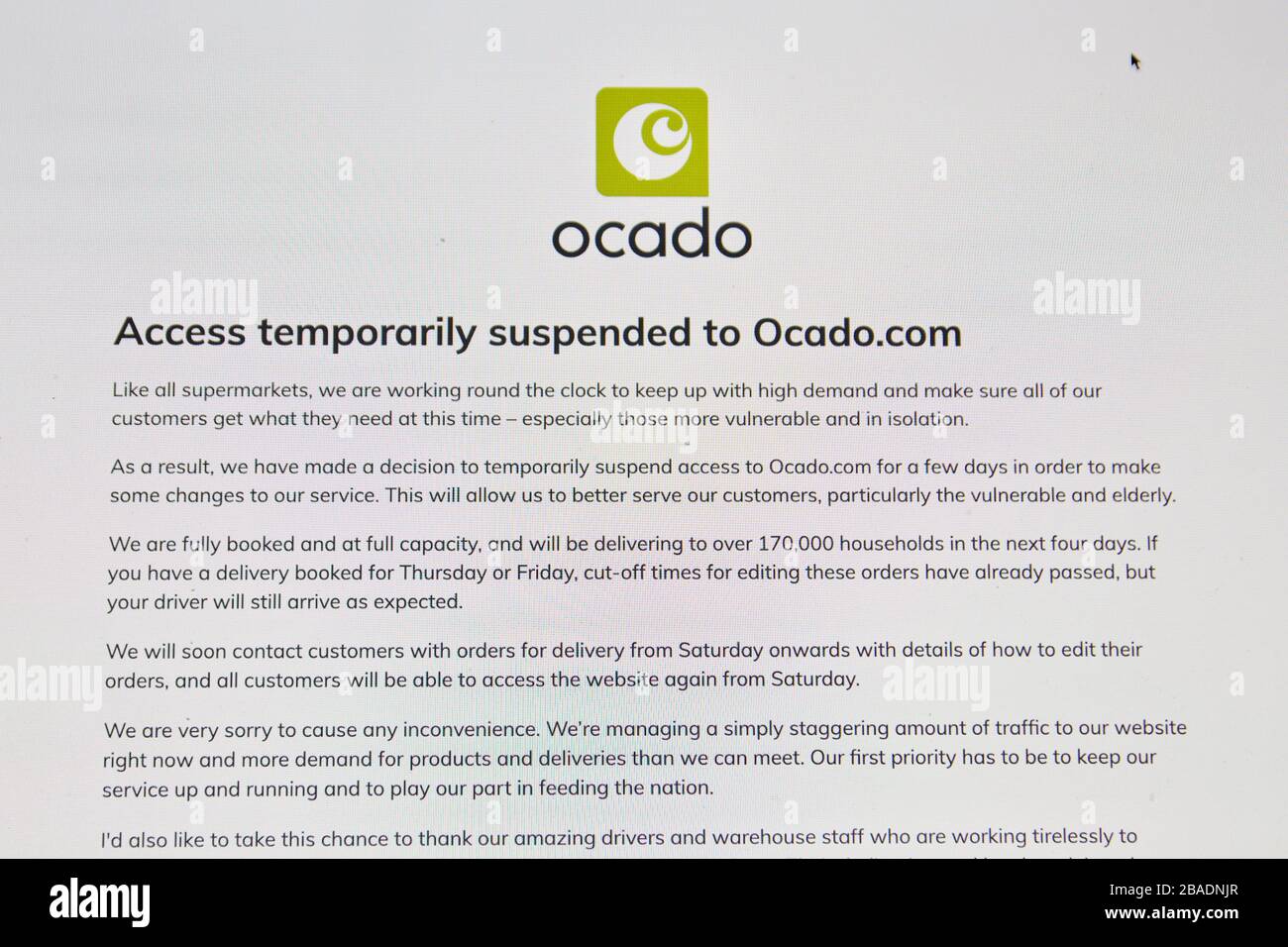 Online supermarket Ocado shuts down during Coronavirus due to too much demand Stock Photo