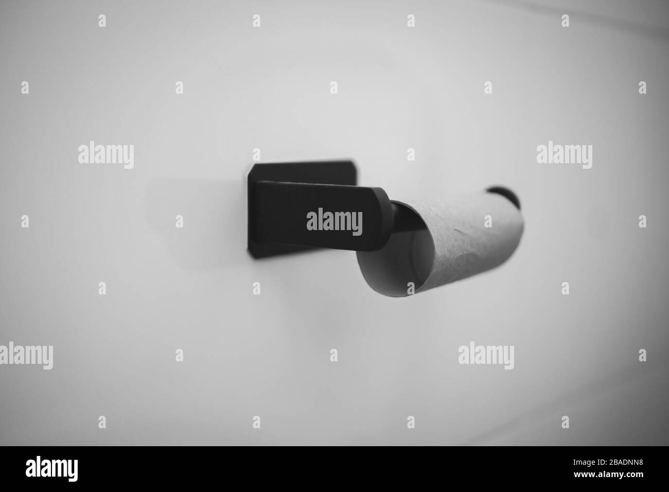 Empty Toilet paper roll on wall in bathroom, black and white Stock