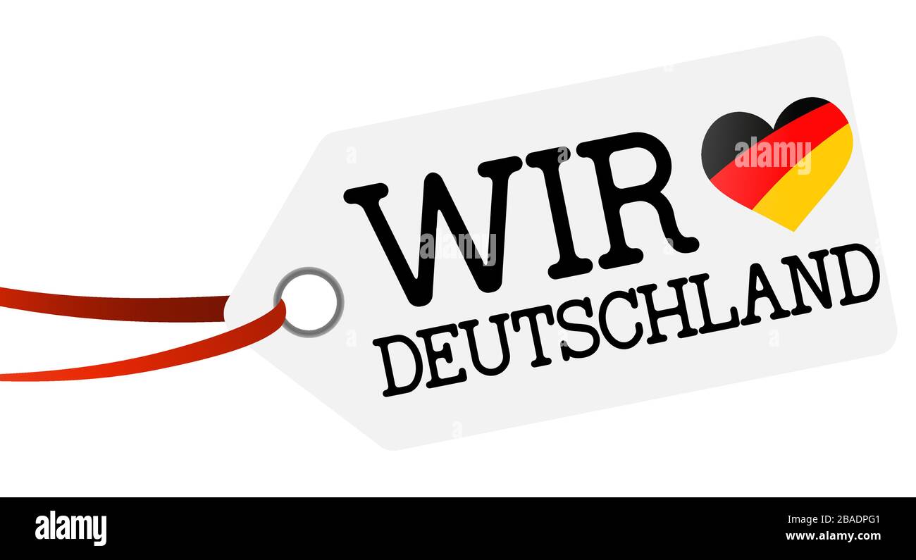 white hang tag with ribbon and text we love (text in german) and heart flag Stock Vector